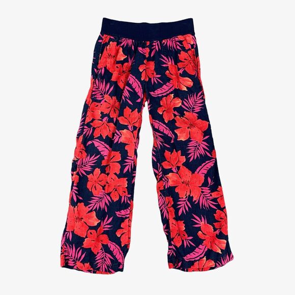 Lands End Pants Womens 4P Petite Navy Floral Linen Pull On Pockets Stretch Waist - Picture 1 of 12